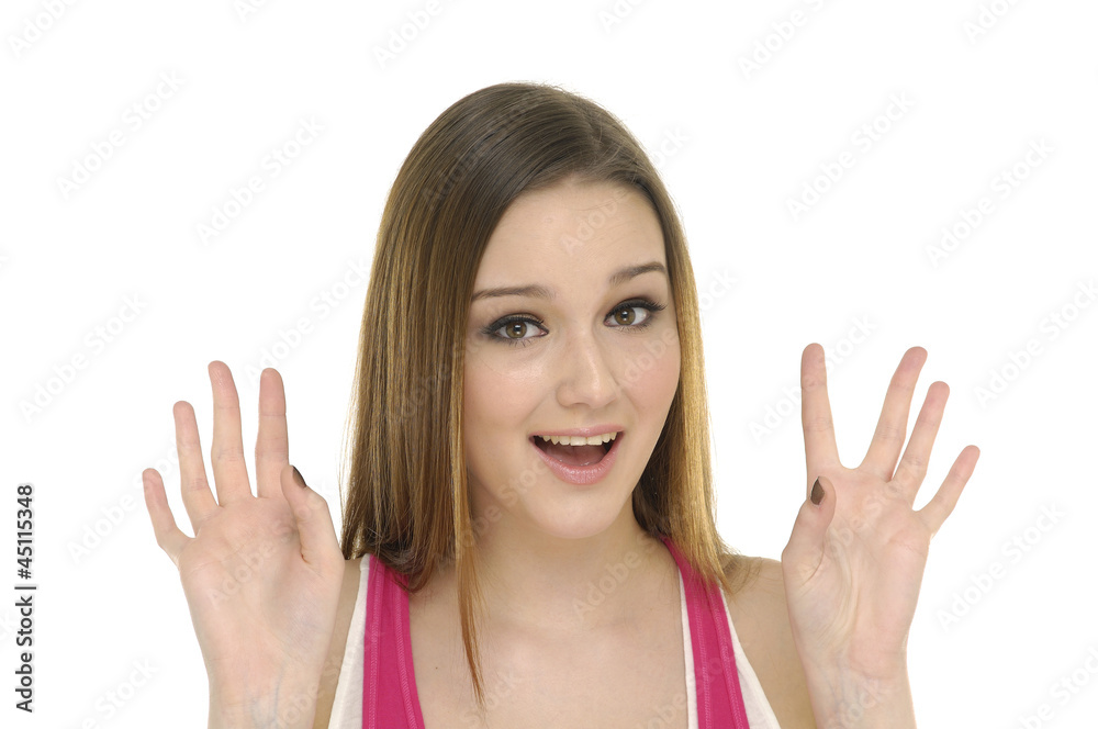 Happy girl showing something on the palm of her hand Happy girl showing something on the palm of her hand