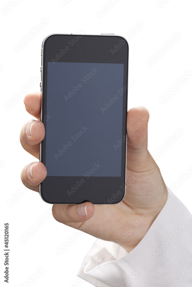 Hand holding Smart Phone with blank screen. Isolated on white.