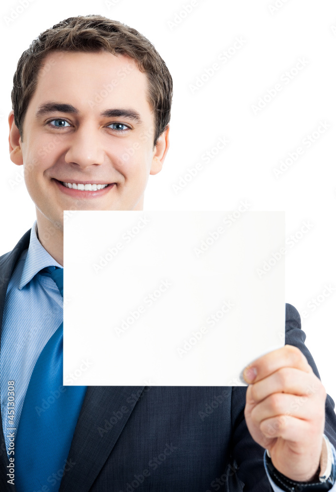Businessman with signboard, isolated Businessman with signboard, isolated