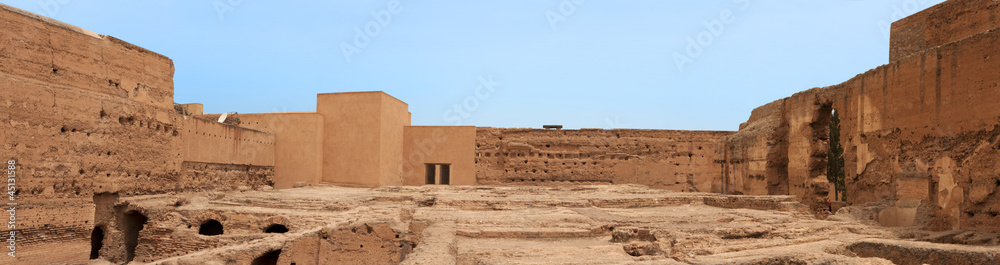 Panoramic of ancient ruins of the El Badi Palace in Marrakech, M