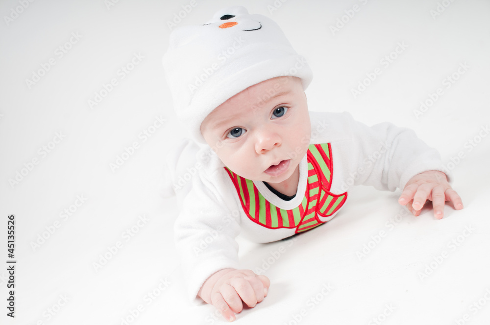 Portrait of baby in snowman costume Portrait of baby in snowman costume