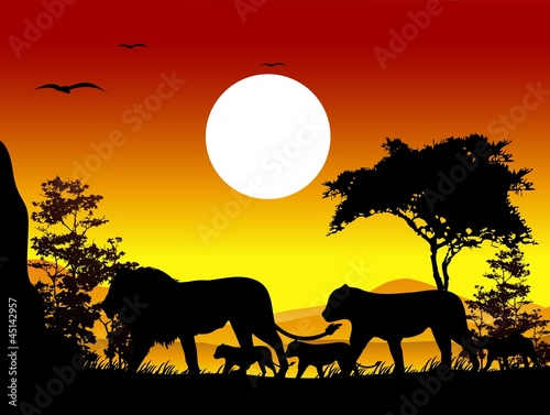 Fototapeta Naklejka Na Ścianę i Meble -  beauty lion family trip silhouettes with landscape background