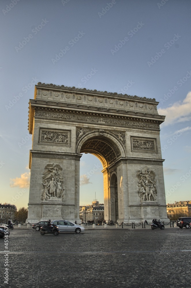 Architectural detail of beautiful Triumph Arc in Paris, winter s