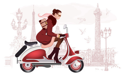 Fototapete Abbildung Paris Frau auf einem Roller in der Stadt  © Isaxar