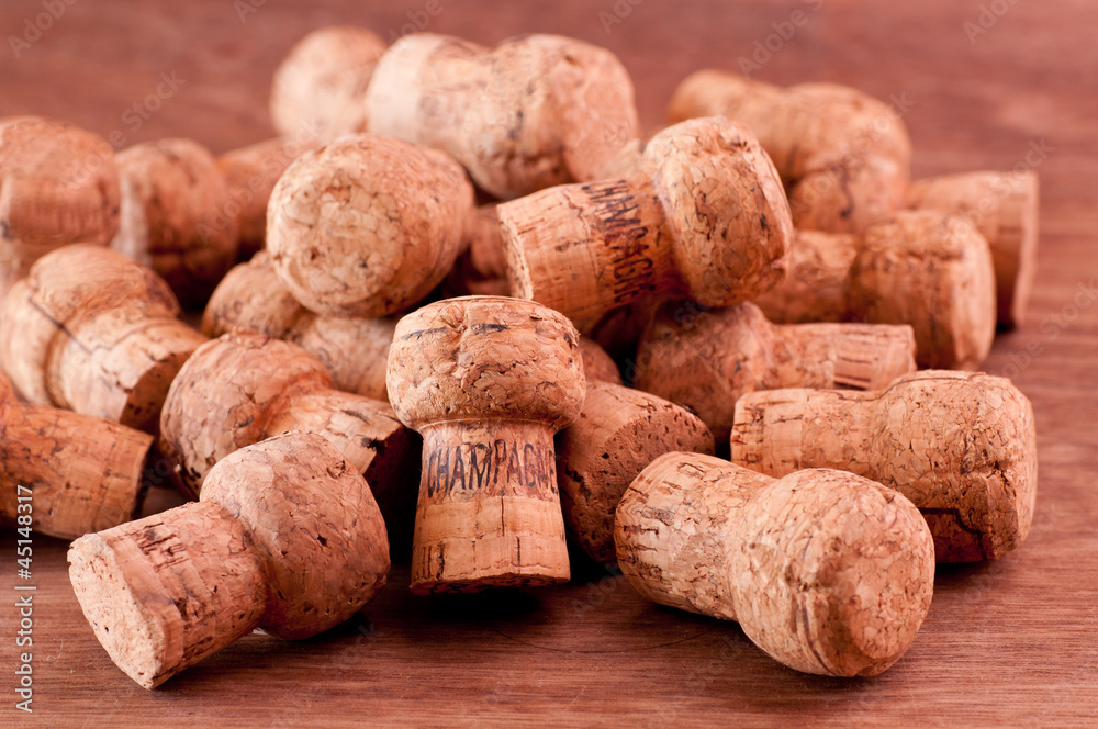 Champagne corks on a wooden table