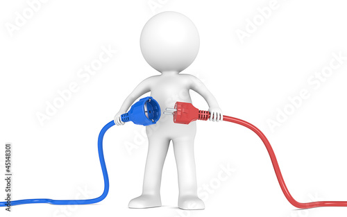 3D little human character holding blue and red Power Cable.