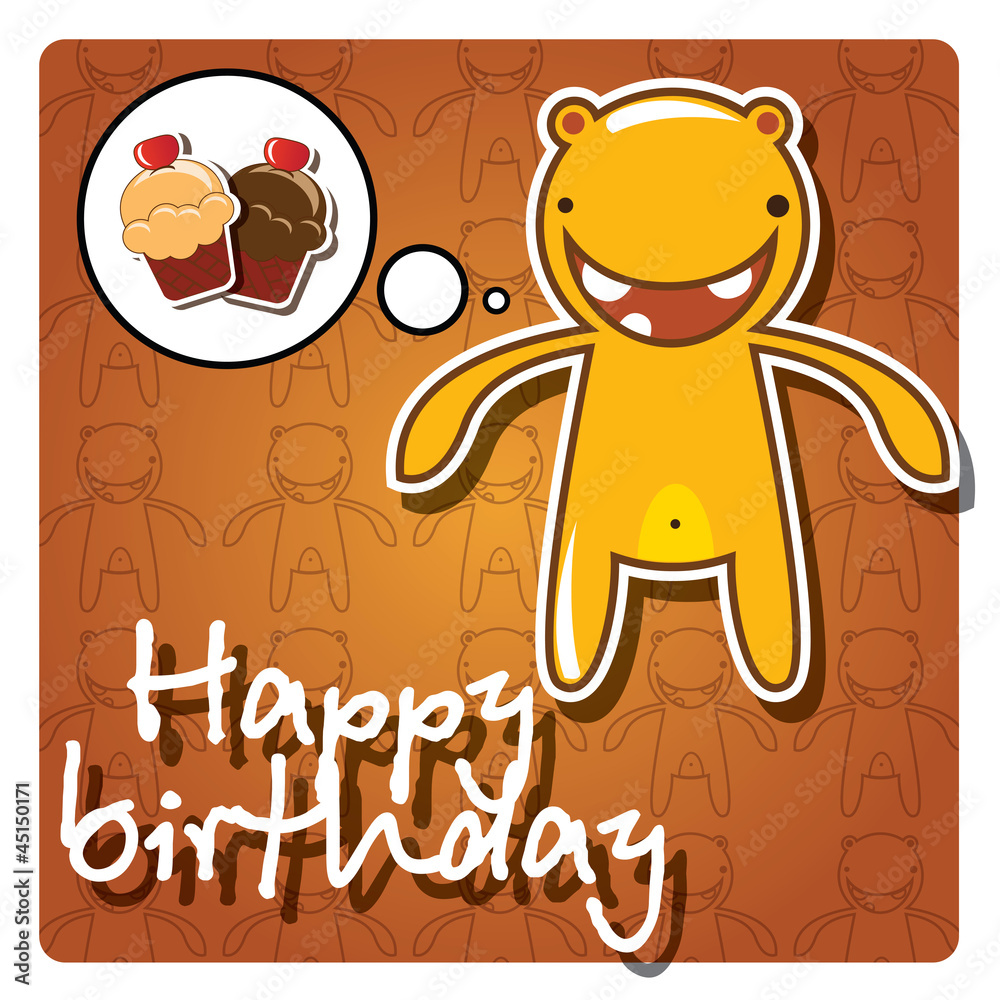 Obraz premium Happy birthday card with cute colorful monster, vector