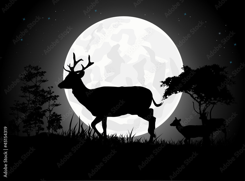 Beautiful deer silhouettes with giant moon background