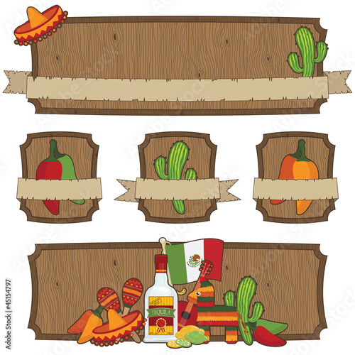 mexican wood emblems vector cactus sombrero pinata chili clipart with ribbons copy space isolated on white