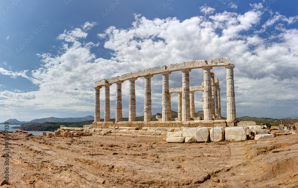 Panorama of the famous Poseidon temple, Sounio, Greece