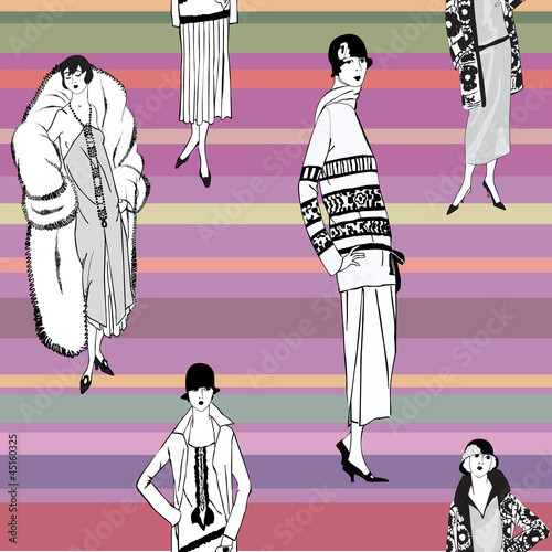 girls (1920's style) seamless pattern: Retro fashion party photo