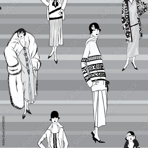 girls (1920's style) seamless pattern: Retro fashion party photo