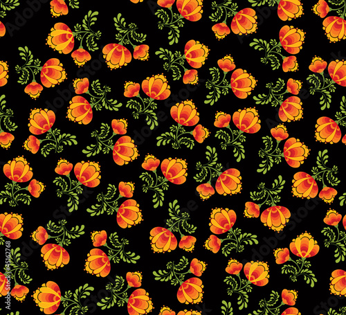 floral seamless pattern with flowers on black in russian style photo