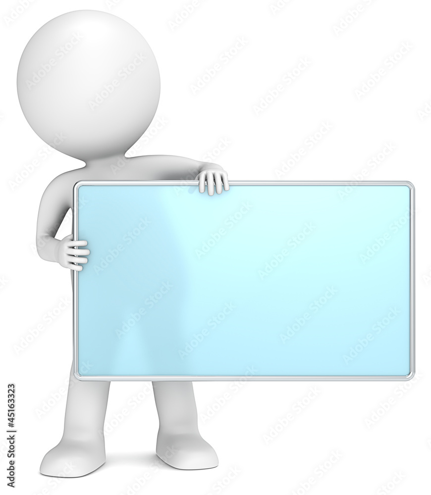 3D little human character holding an empty Board. Frosted glass 3D little human character holding an empty Board. Frosted glass