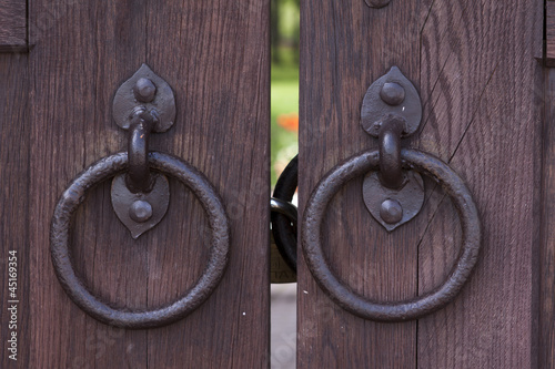 Closeup image of old door with circle iron door-handle