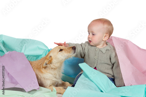 Baby patting the family dog