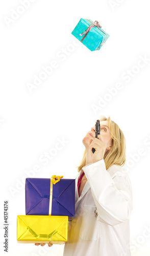 Medical doctor shooting at a gift