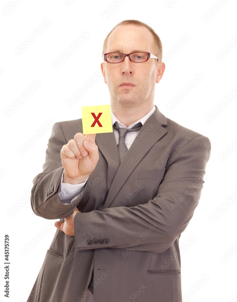 Business person showing removable note Business person showing removable note