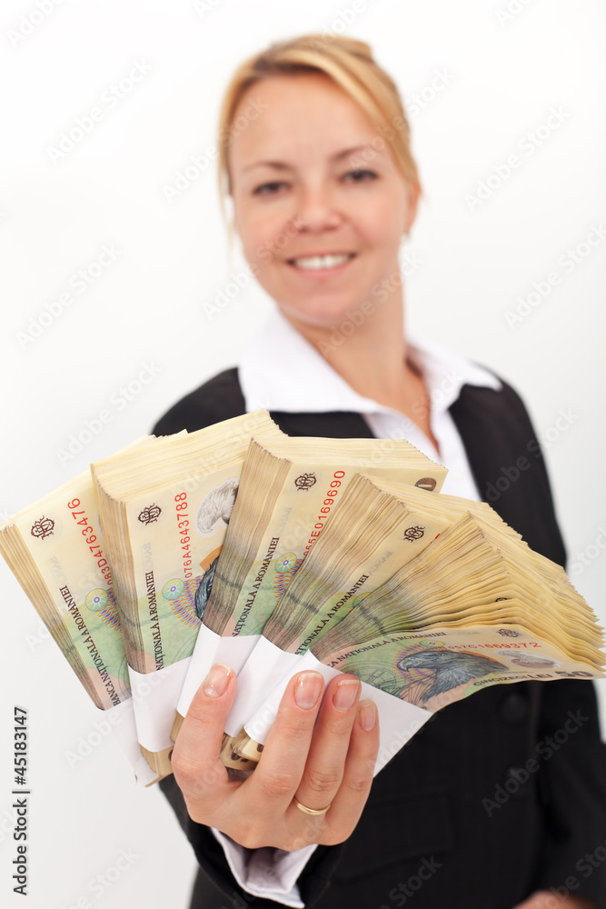 Woman handing you a stack of romanian currency Woman handing you a stack of romanian currency