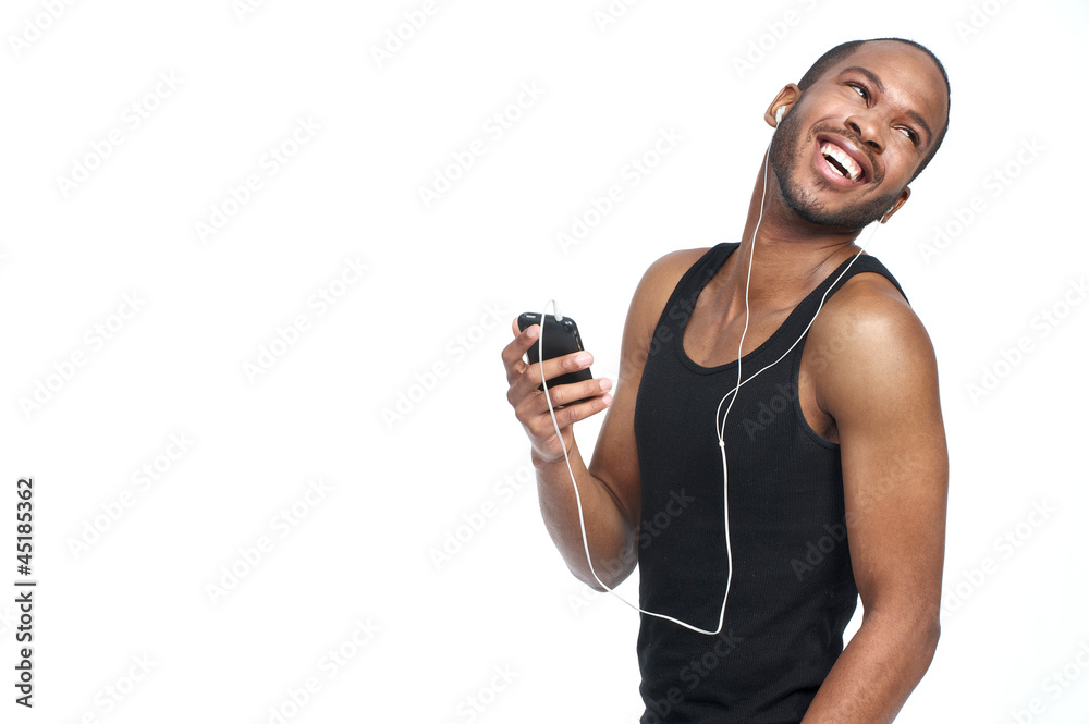 smiling man with headphones and turning around smiling man with headphones and turning around