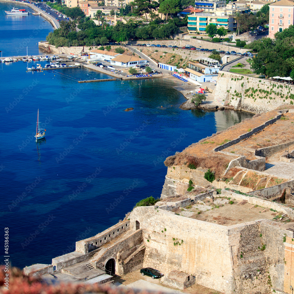 Aerial view from Old fortress on the marina with yachts, Kerkyra