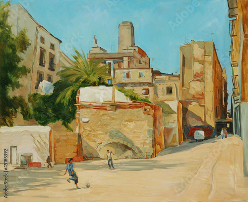 children playing football in a court yard,  illustration, painti #45186392