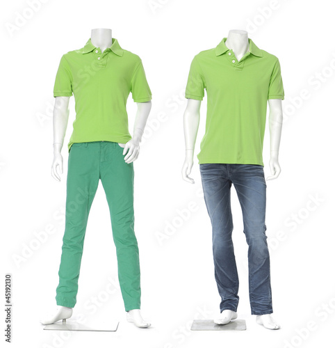 Full length two male mannequin dressed in t-green shirt