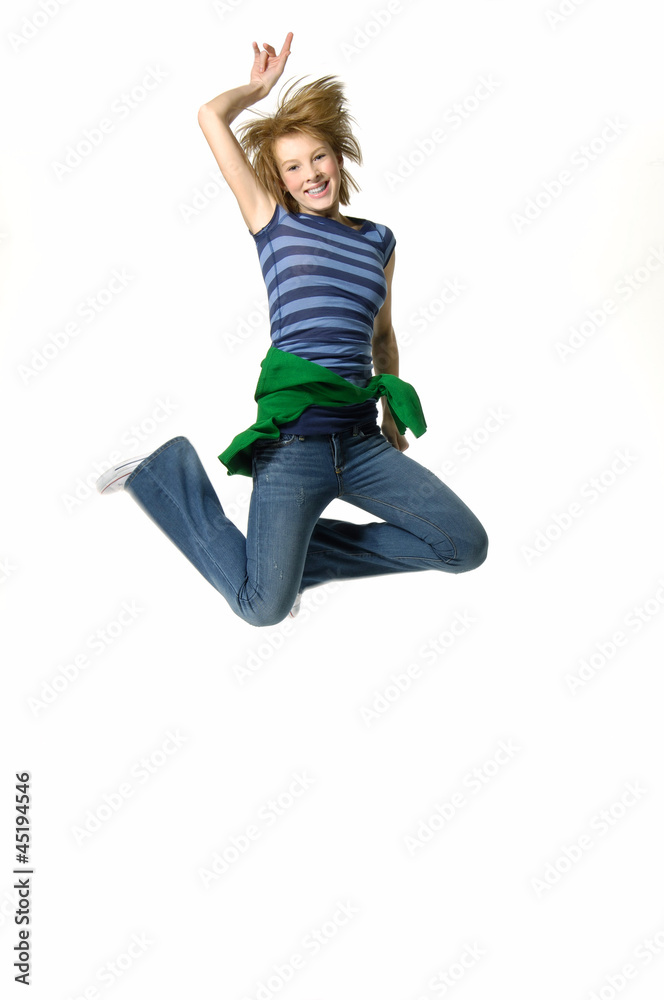 Happy young woman jumping on white Happy young woman jumping on white