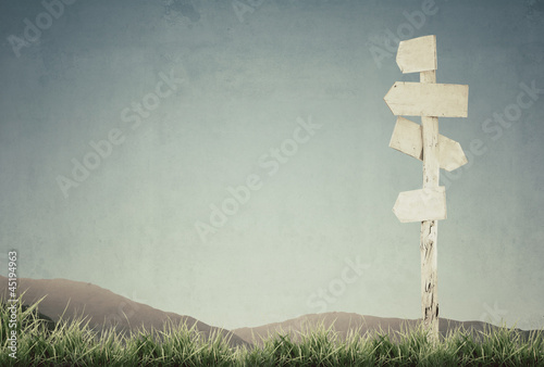vintage picture of wooden signpost with grass and blue sky