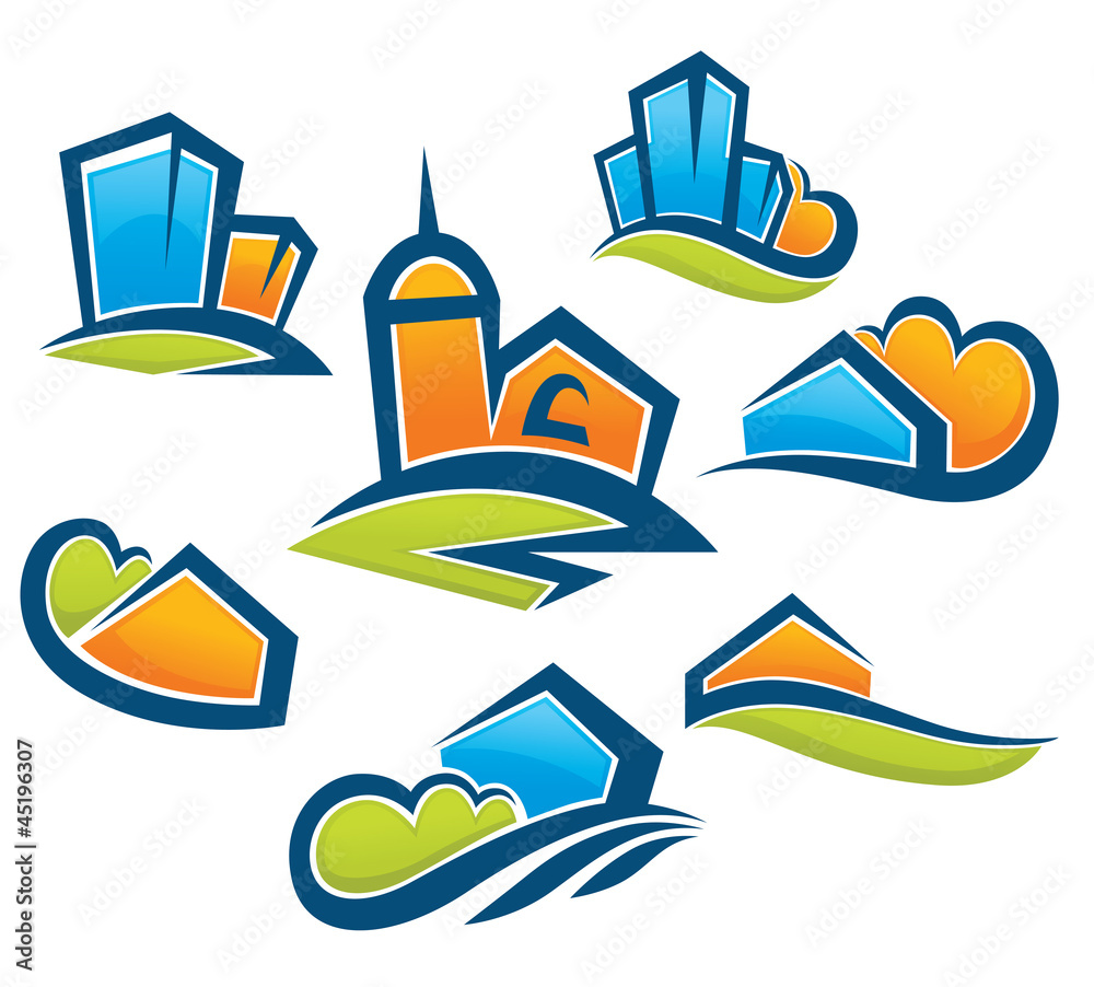 cartoon village, collection of building and landscape symbols cartoon village, collection of building and landscape symbols