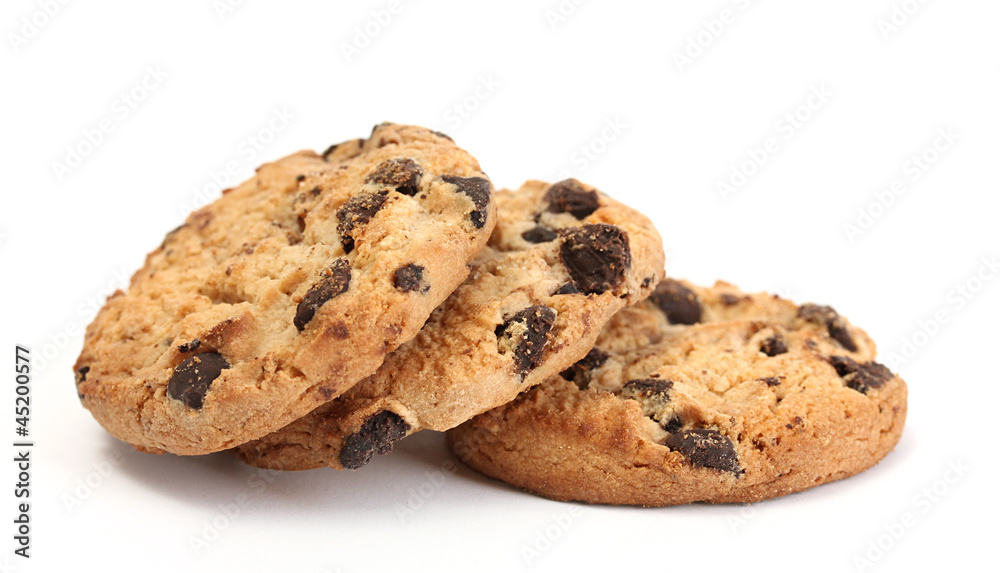 Chocolate chips cookies isolated on white.