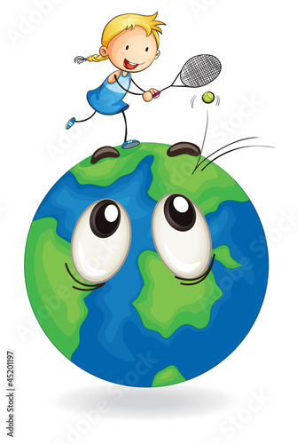 girl playing tennis on earth globe
