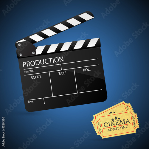 Movie clapper board and admit one ticket. Vector illustration. 