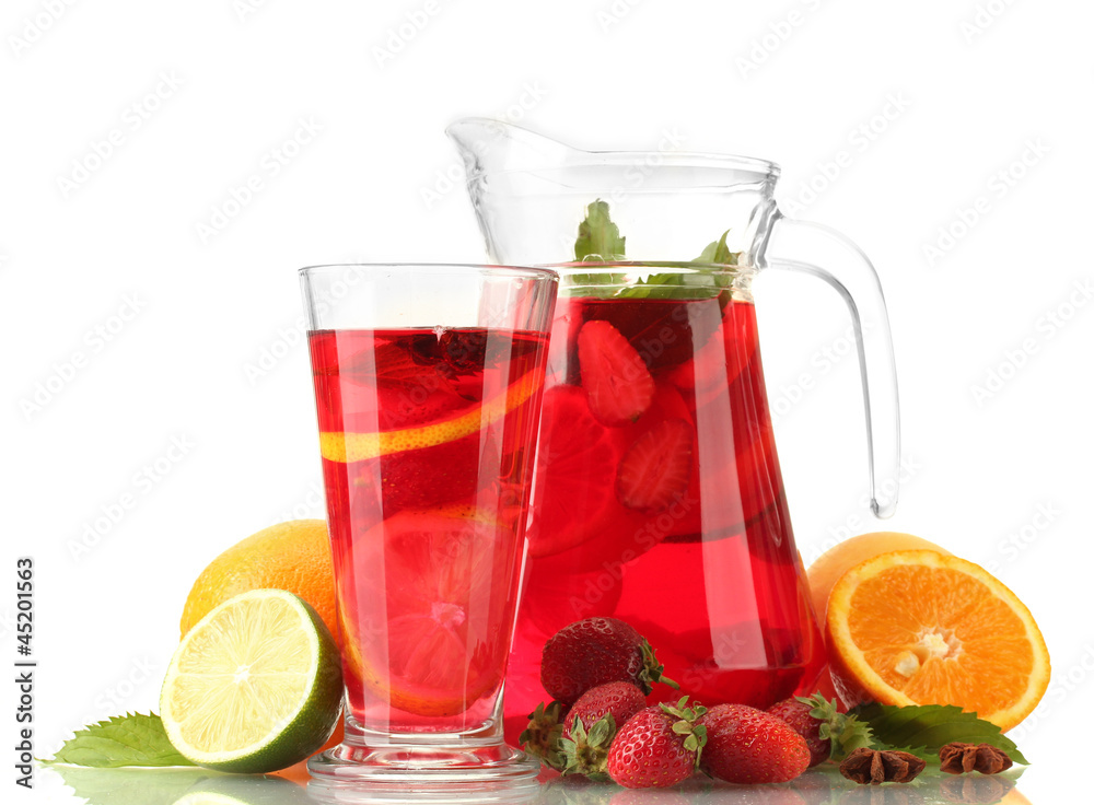 sangria in jar and glass with fruits, isolated on white sangria in jar and glass with fruits, isolated on white