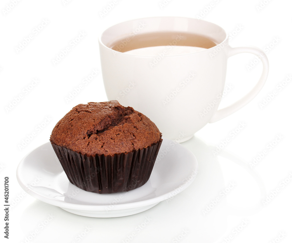 Fresh muffin with tea isolated on white Fresh muffin with tea isolated on white