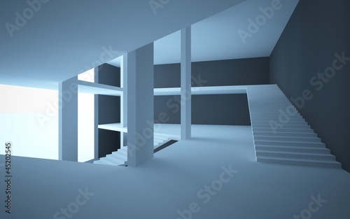 Abstract interior in minimalism style with stairs and columns