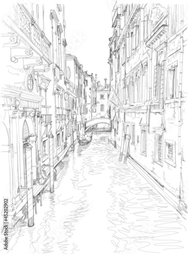 Venice - water channel, old buildings & gondola away. Vector dra
