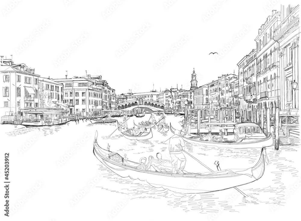 Venice - Grand Canal. View of the Rialto Bridge. Vector drawing