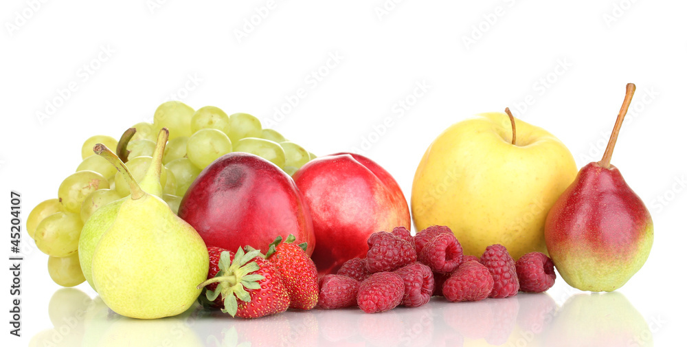 Mix of ripe sweet fruits and berries isolated on white Mix of ripe sweet fruits and berries isolated on white
