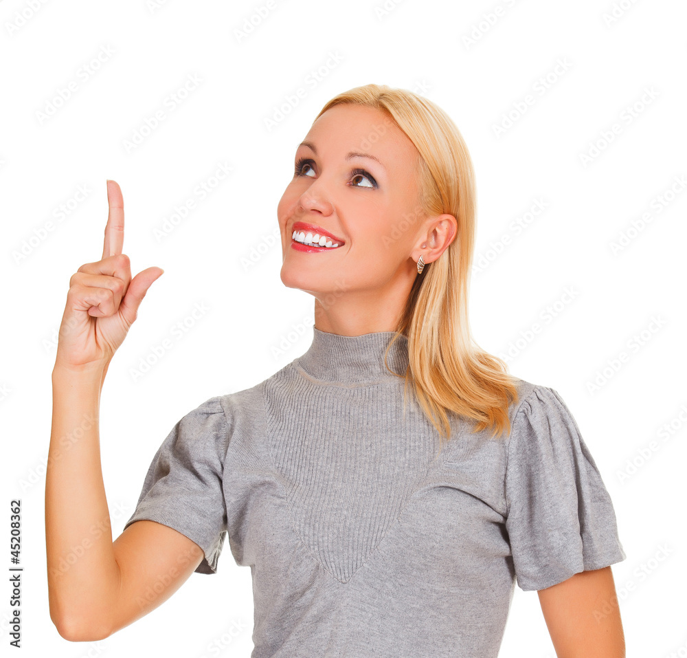 Excited woman pointing at something interesting Excited woman pointing at something interesting