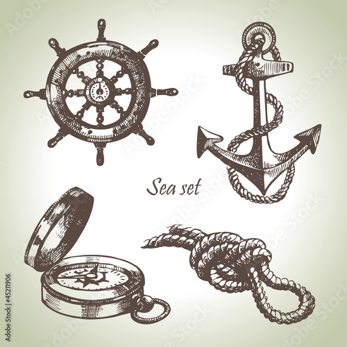 Sea set of nautical design elements. Hand drawn illustrations