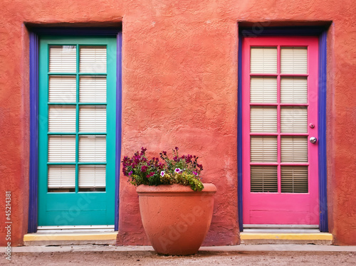 Colorful doors and flower pot against terracotta wall © leekris