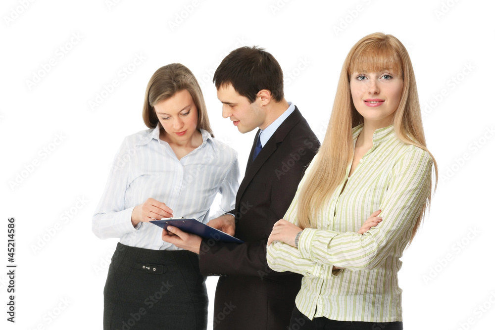 Portrait of business people, focus on a businesswoman Portrait of business people, focus on a businesswoman