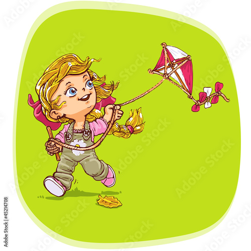 Standard vector illustration of young girl playing with kite.
