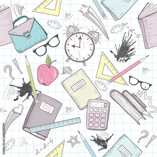 Cute school abstract pattern. Seamless pattern with alarm clock,