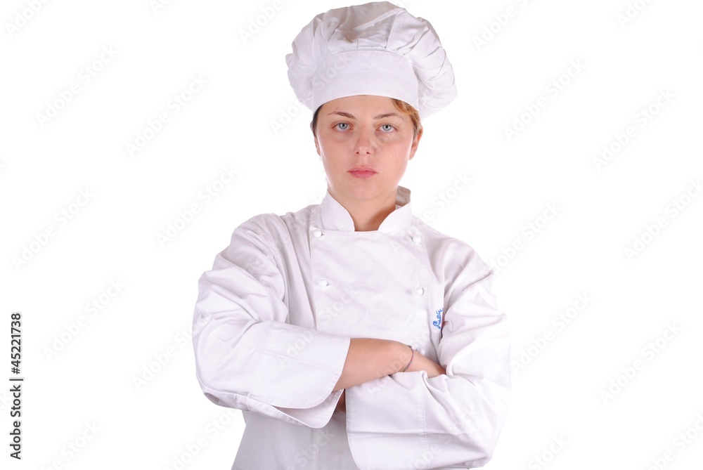 serious young female executive chef, isolated on white serious young female executive chef, isolated on white