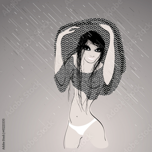 Hot rainy day  / Attractive woman is hiding under her dress
