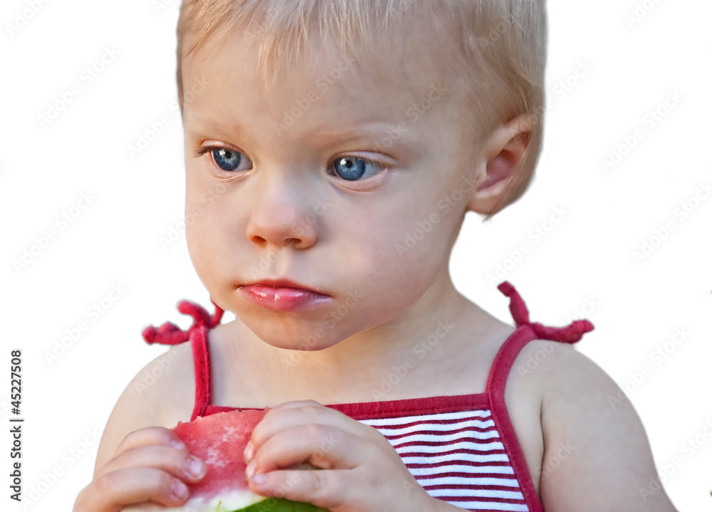 Blue Eyed Toddler Girl Eating Watermelon Blue Eyed Toddler Girl Eating Watermelon