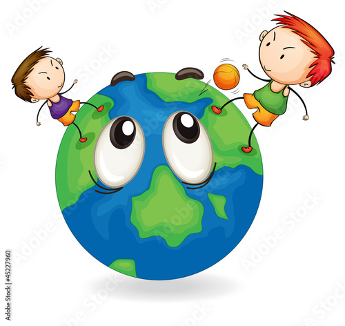 boys playing football on earth globe