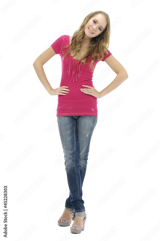 beautiful fashion woman in red-shirt and jeans posing beautiful fashion woman in red-shirt and jeans posing